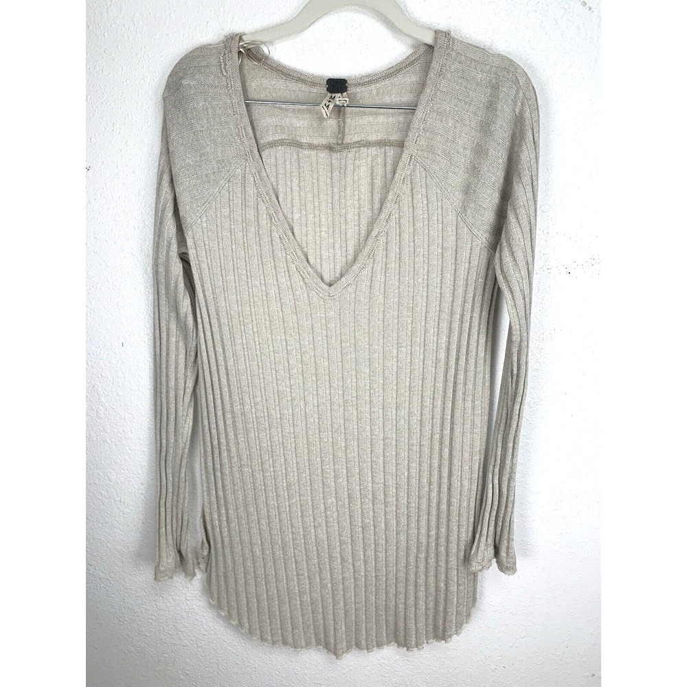 FREE PEOPLE Beach Babe Hacci Tunic Ribbed V-Neck Sweater Beige Size M